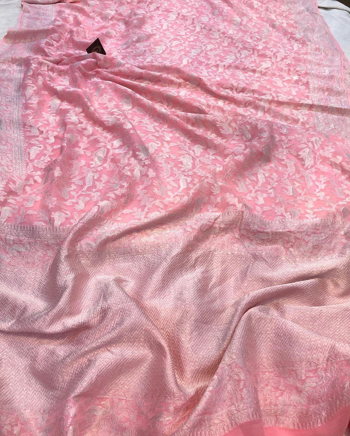 Baby pink Khaddi Chiffon Georgette Banarasi Handloom Saree