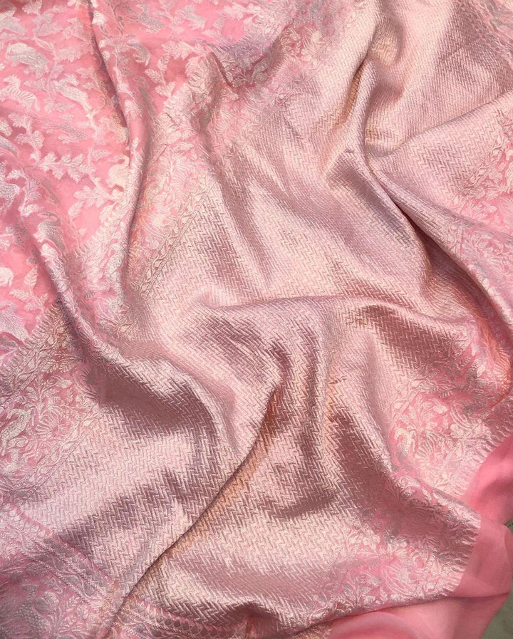 Baby pink Khaddi Chiffon Georgette Banarasi Handloom Saree