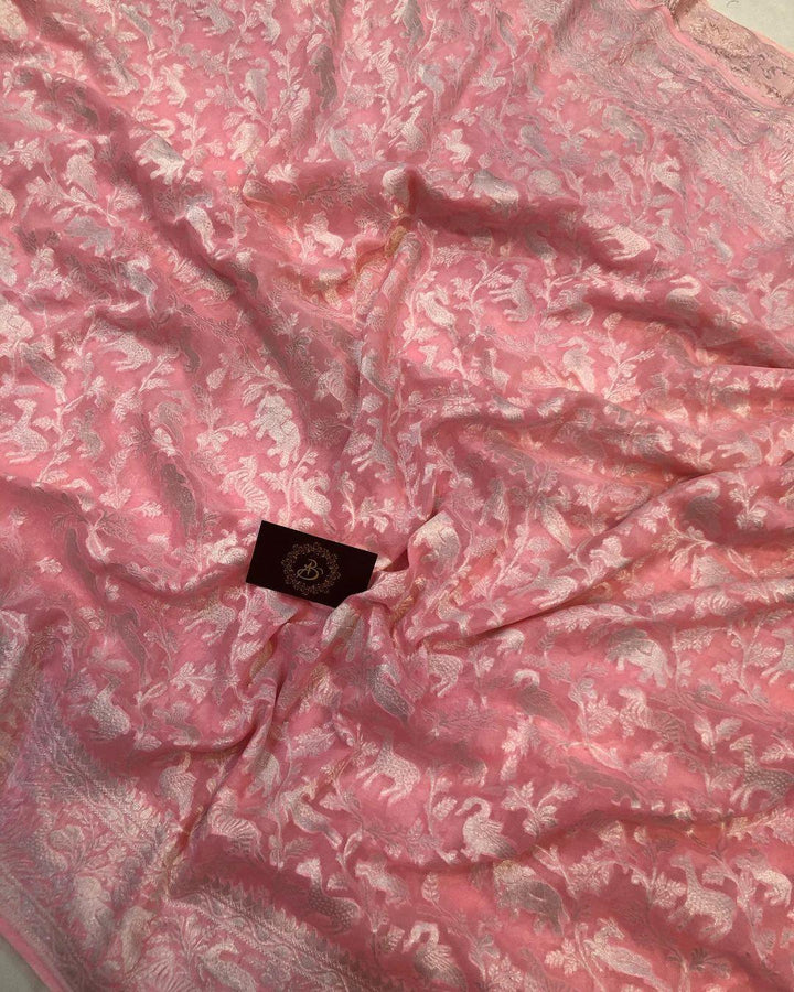 Baby pink Khaddi Chiffon Georgette Banarasi Handloom Saree