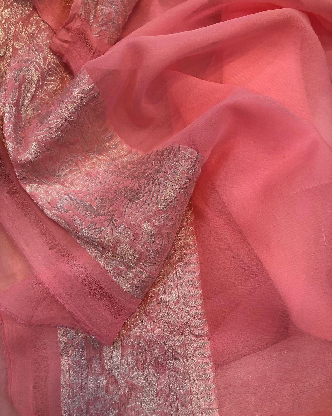 Baby pink Khaddi Chiffon Georgette Banarasi Handloom Saree