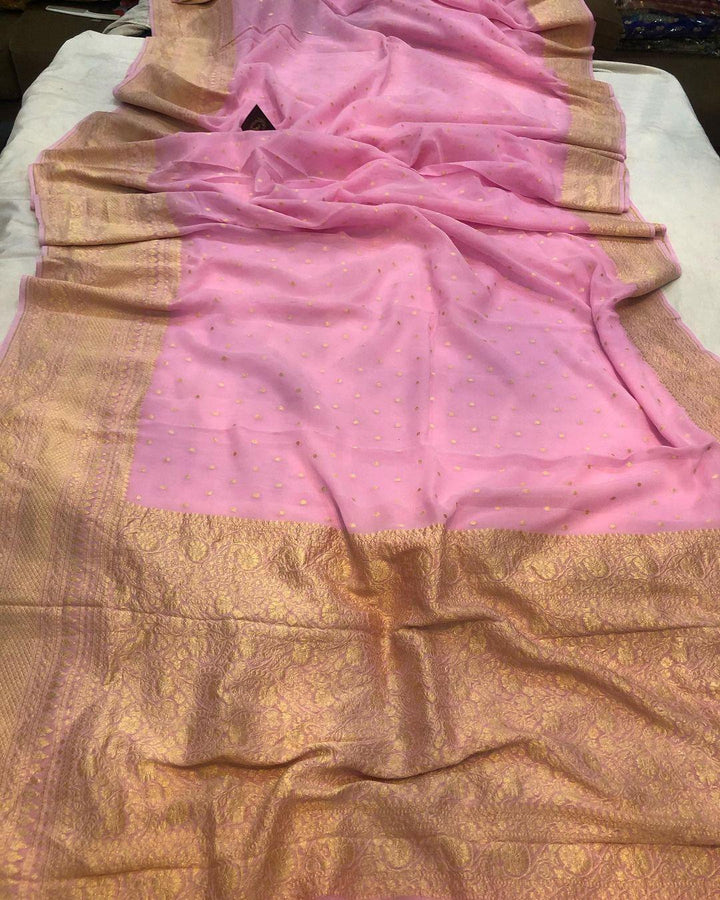 Baby Pink Banarasi Handloom Pure Khaddi Georgette Silk Saree -  Aura Benaras