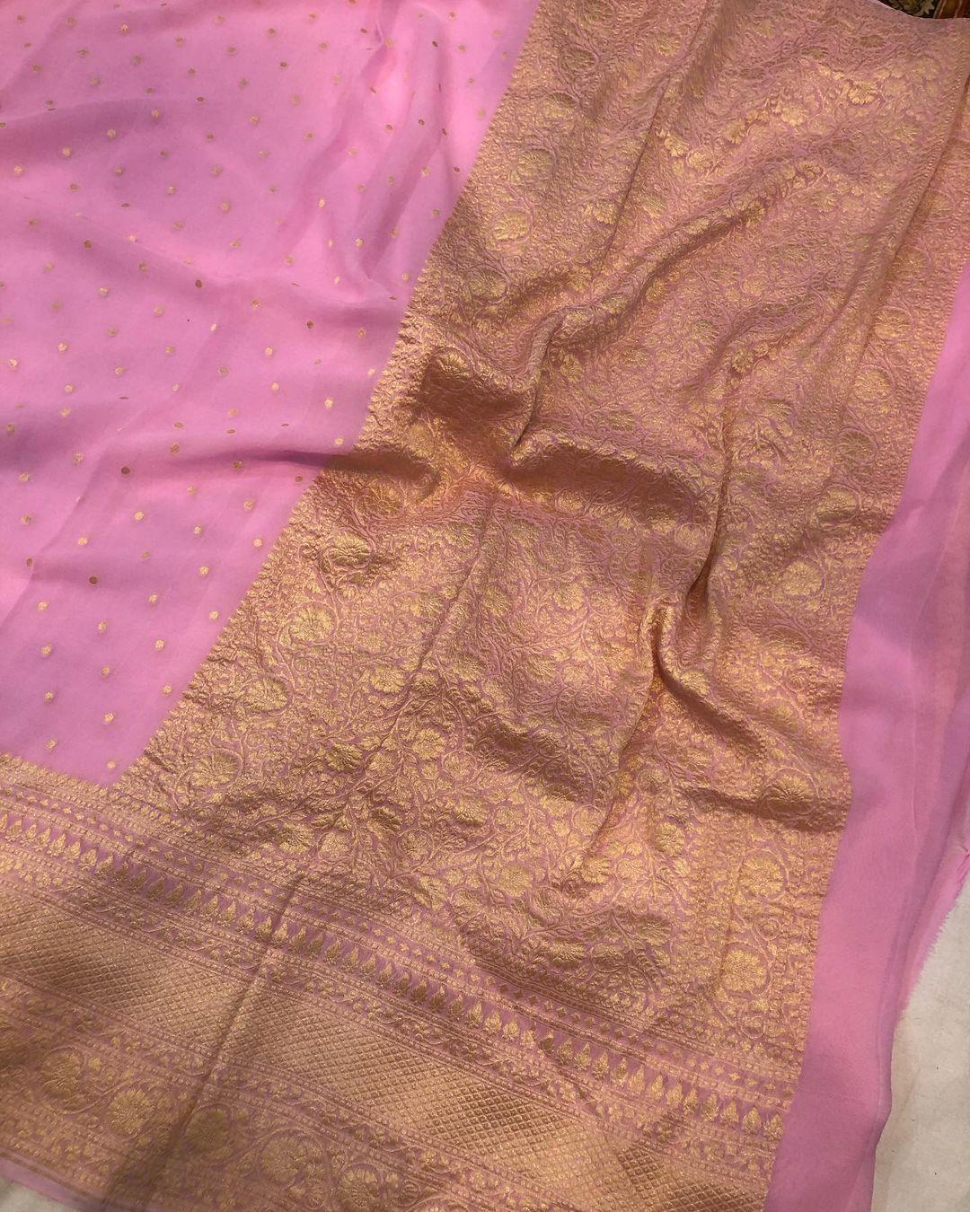 Baby Pink Banarasi Handloom Pure Khaddi Georgette Silk Saree -  Aura Benaras