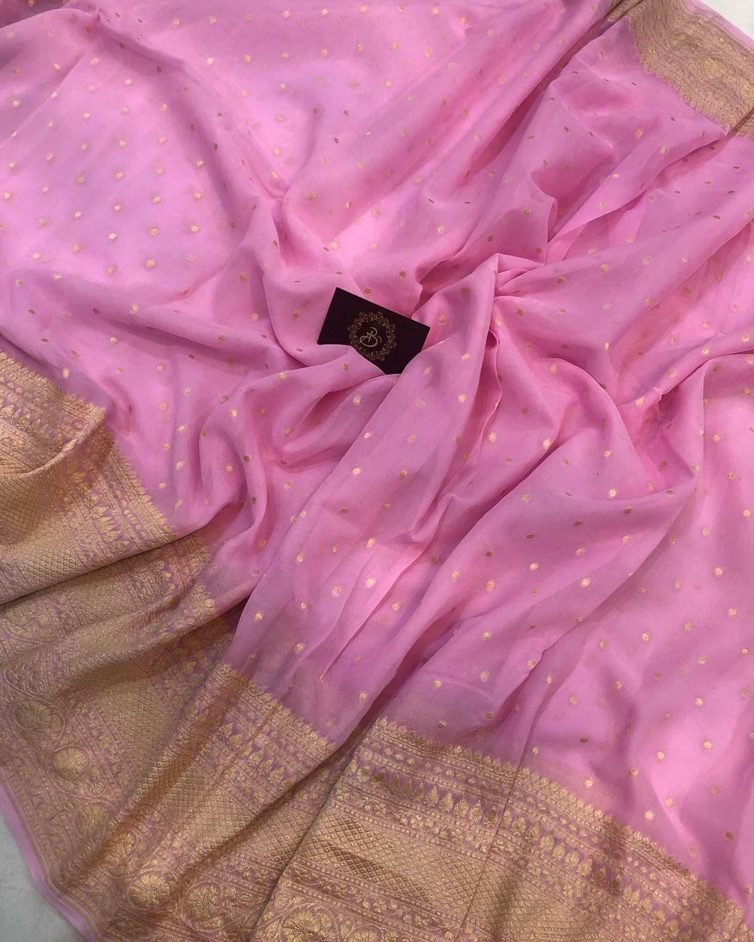 Baby Pink Banarasi Handloom Pure Khaddi Georgette Silk Saree -  Aura Benaras