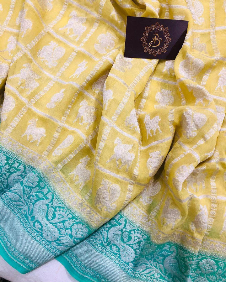 Lemon Yellow Banarasi Handloom Pure Khaddi Georgette Silk Saree - Aura Benaras