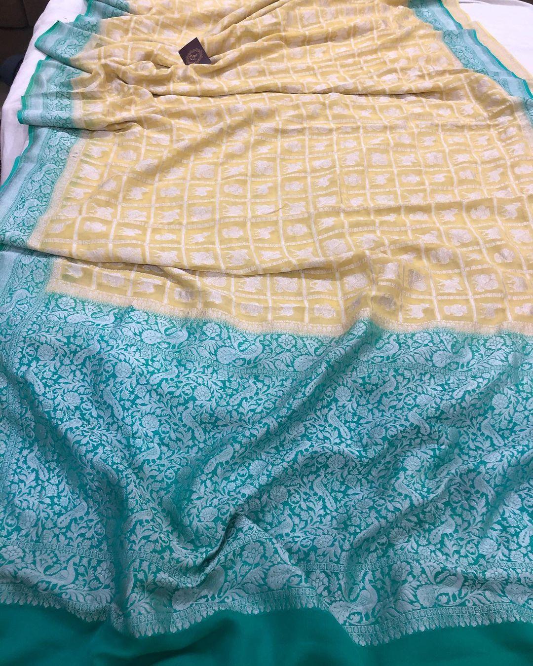 Lemon Yellow Banarasi Handloom Pure Khaddi Georgette Silk Saree - Aura Benaras