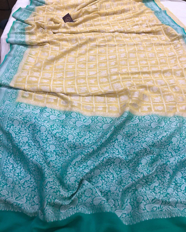Lemon Yellow Banarasi Handloom Pure Khaddi Georgette Silk Saree - Aura Benaras