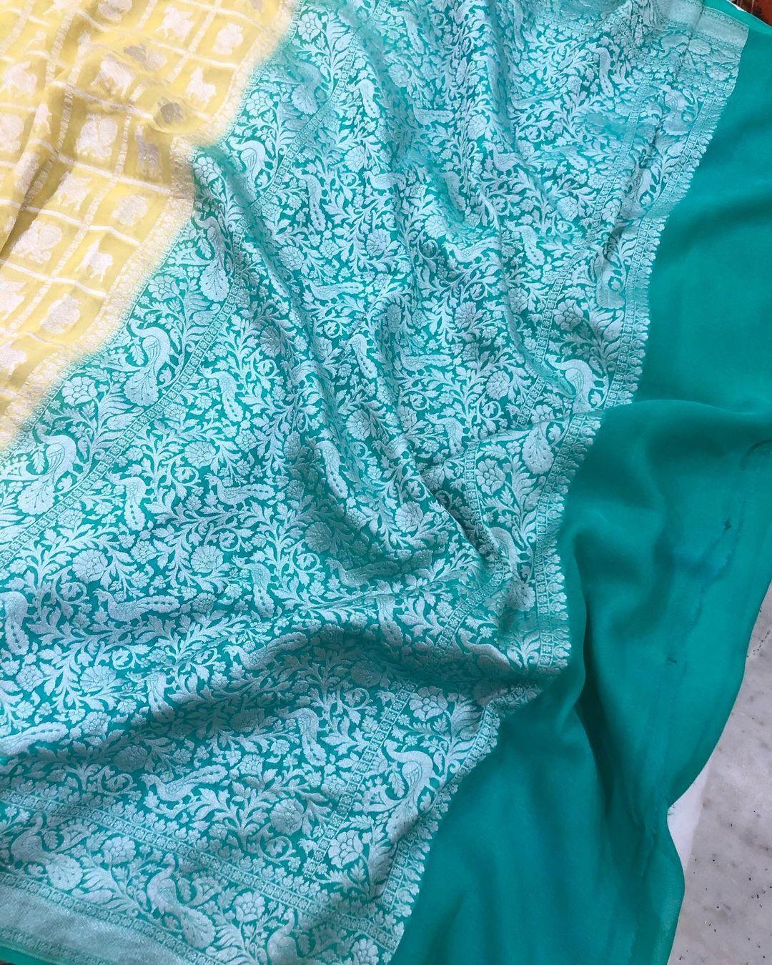 Lemon Yellow Banarasi Handloom Pure Khaddi Georgette Silk Saree - Aura Benaras