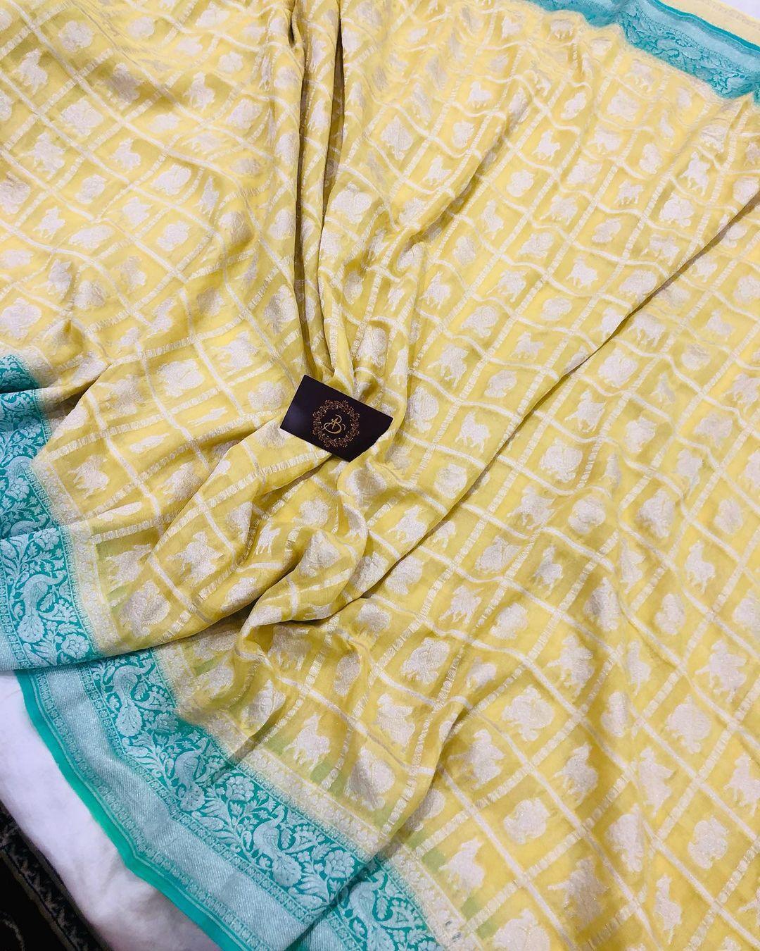 Lemon Yellow Banarasi Handloom Pure Khaddi Georgette Silk Saree - Aura Benaras