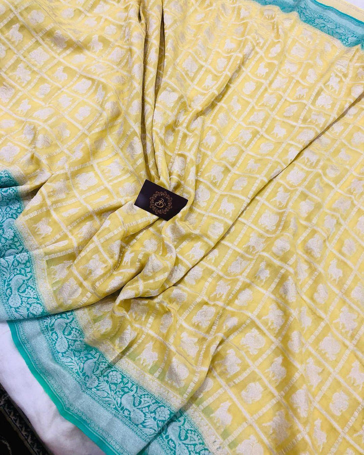 Lemon Yellow Banarasi Handloom Pure Khaddi Georgette Silk Saree - Aura Benaras