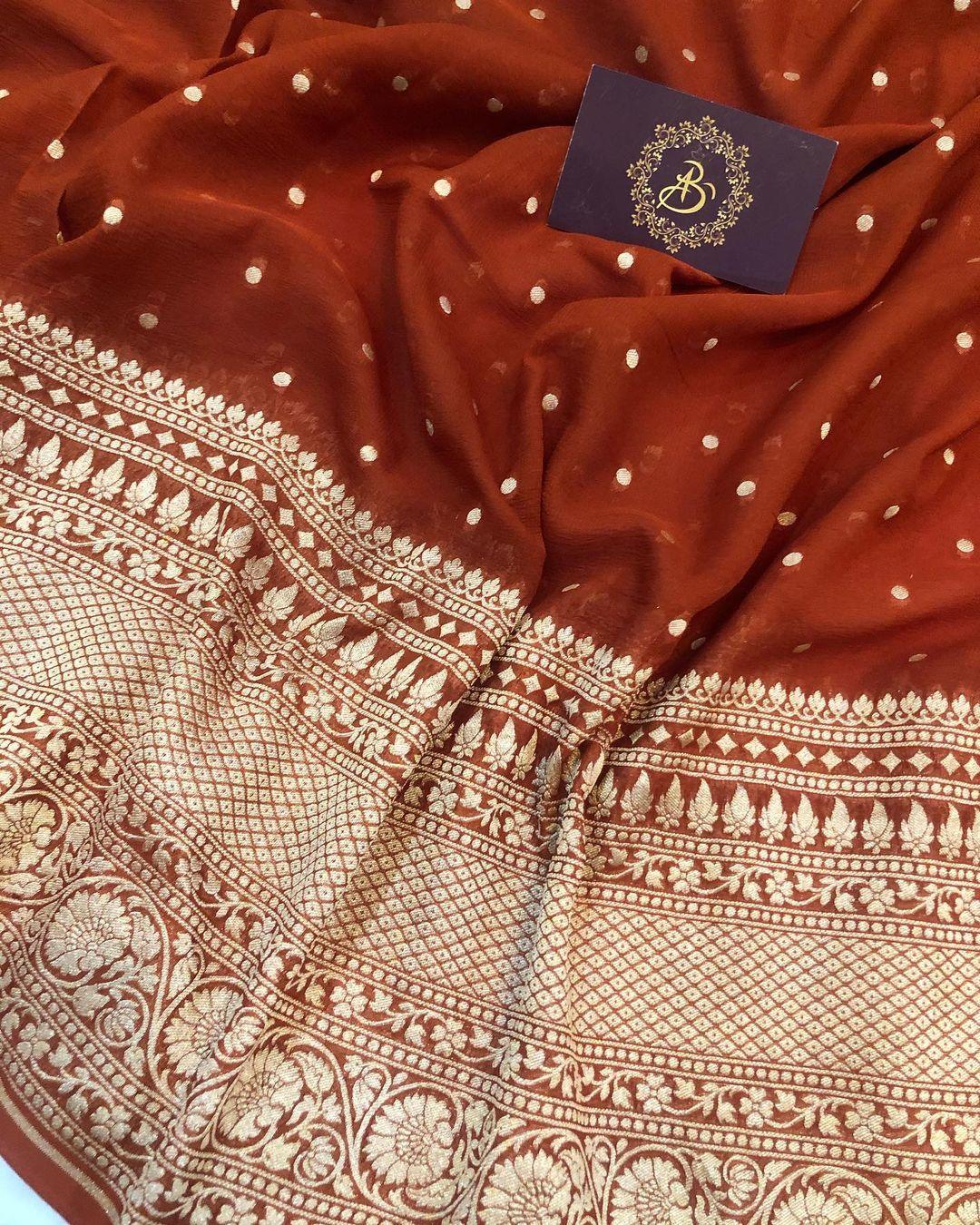 Rust Maroon Banarasi Handloom Pure Khaddi Georgette Silk Saree - Aura Benaras