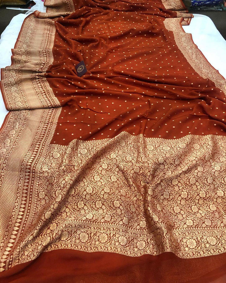 Rust Maroon Banarasi Handloom Pure Khaddi Georgette Silk Saree - Aura Benaras