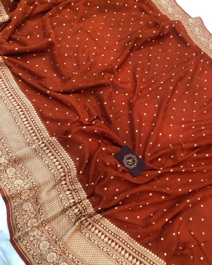 Rust Maroon Banarasi Handloom Pure Khaddi Georgette Silk Saree - Aura Benaras