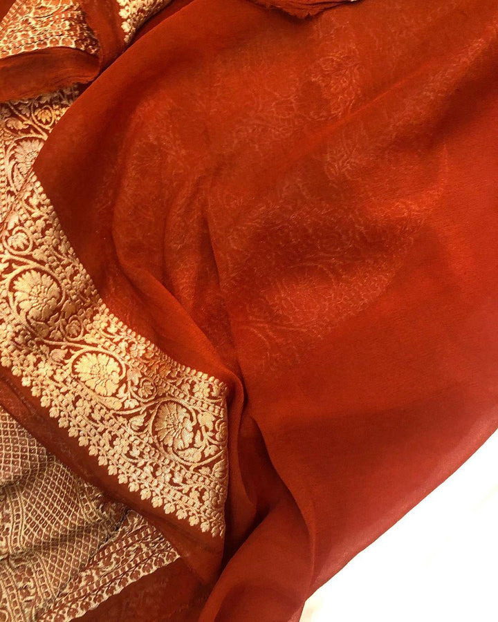 Rust Maroon Banarasi Handloom Pure Khaddi Georgette Silk Saree - Aura Benaras