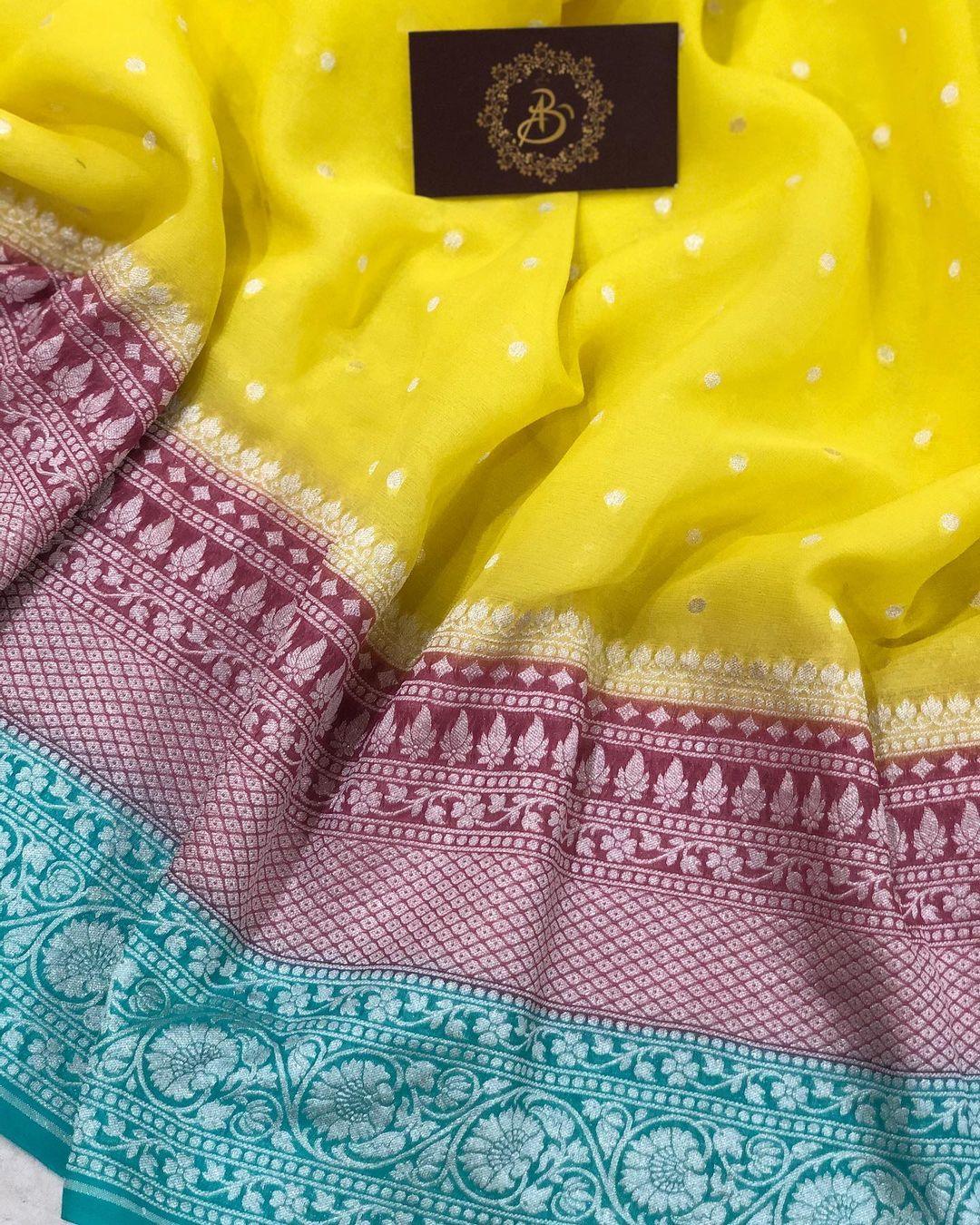 Lemon Yellow Banarasi Handloom Pure Khaddi Georgette Silk Saree - Aura Benaras