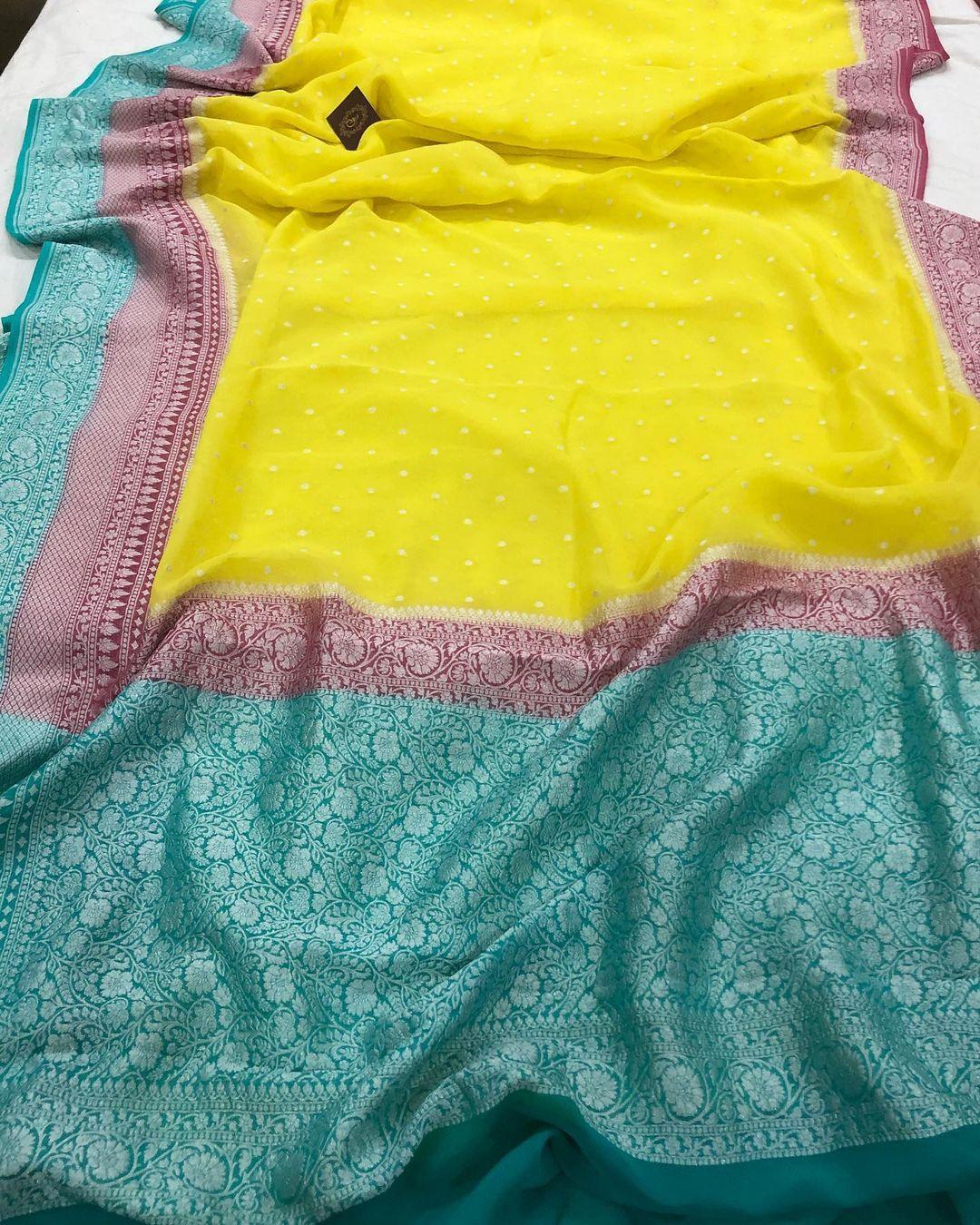 Lemon Yellow Banarasi Handloom Pure Khaddi Georgette Silk Saree - Aura Benaras