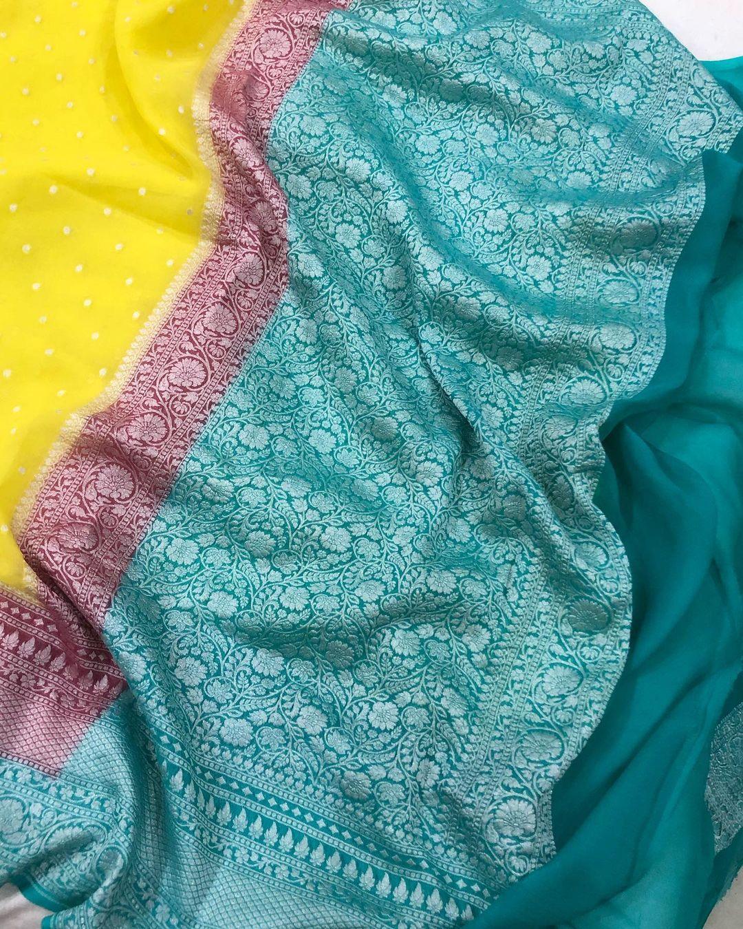 Lemon Yellow Banarasi Handloom Pure Khaddi Georgette Silk Saree - Aura Benaras