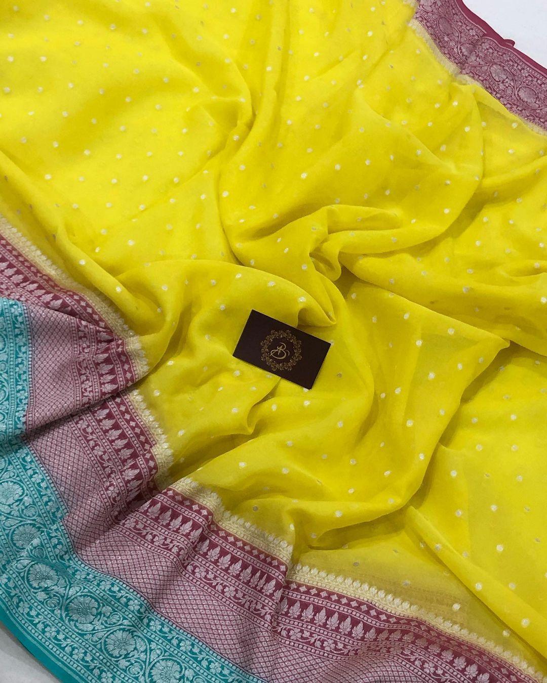 Lemon Yellow Banarasi Handloom Pure Khaddi Georgette Silk Saree - Aura Benaras