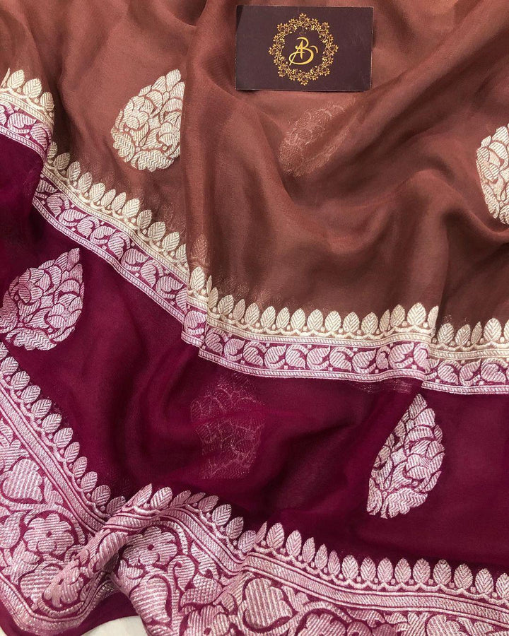 Brown Khaddi Chiffon Banarasi Handloom Saree - Aura Benaras