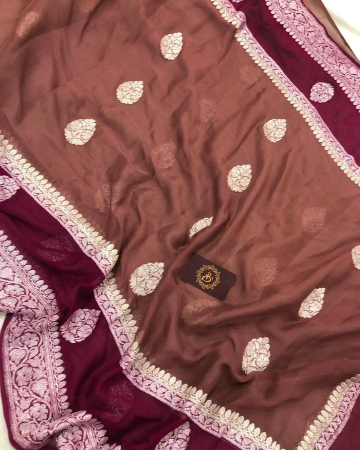 Brown Khaddi Chiffon Banarasi Handloom Saree - Aura Benaras