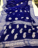 Deep Blue Khaddi Chiffon Banarasi Handloom Saree - Aura Benaras