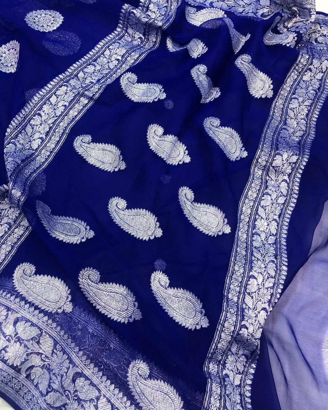 Deep Blue Khaddi Chiffon Banarasi Handloom Saree - Aura Benaras