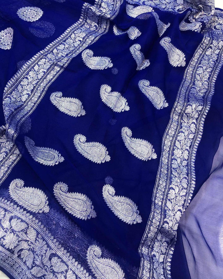 Deep Blue Khaddi Chiffon Banarasi Handloom Saree - Aura Benaras