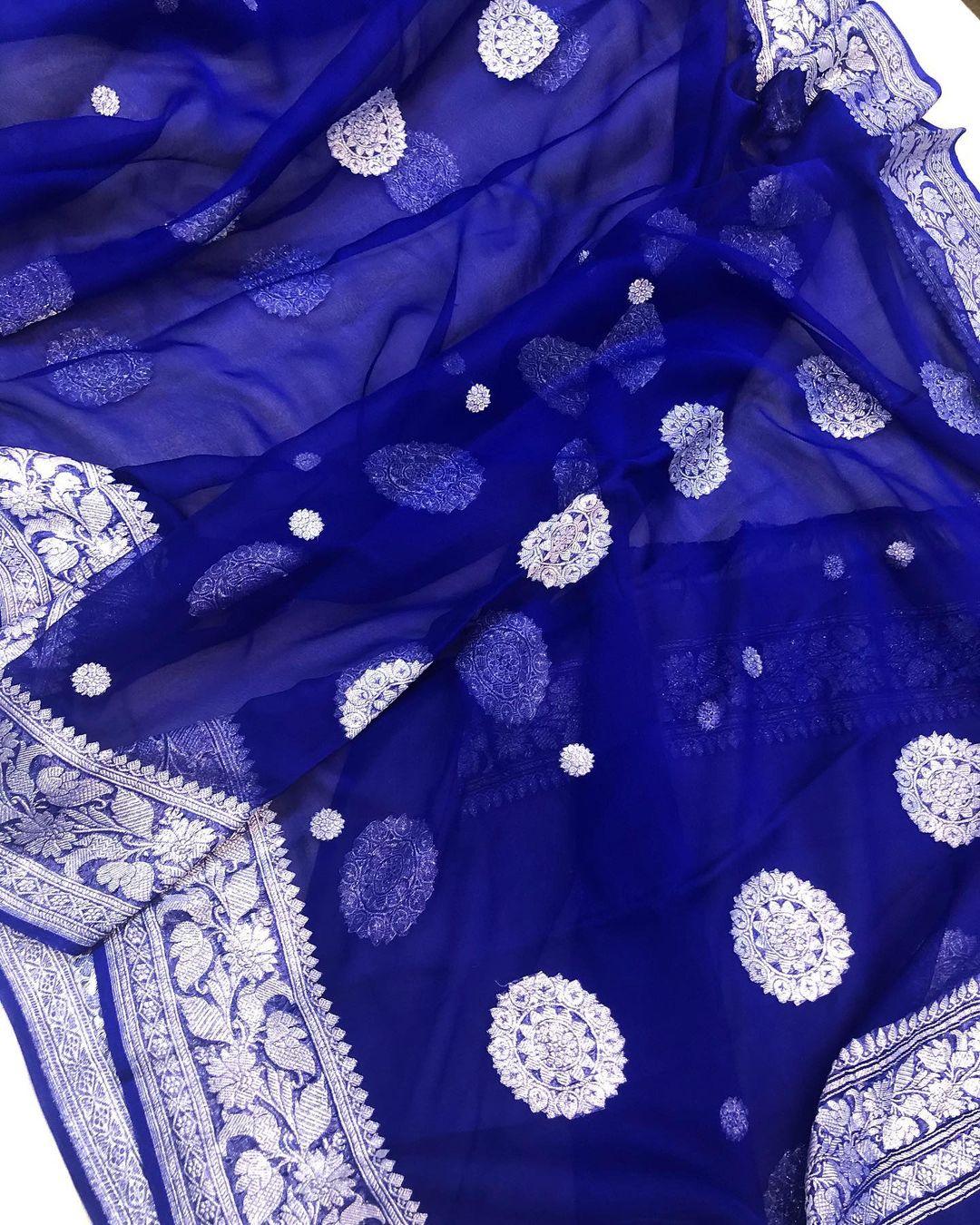 Deep Blue Khaddi Chiffon Banarasi Handloom Saree - Aura Benaras