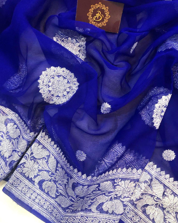 Deep Blue Khaddi Chiffon Banarasi Handloom Saree - Aura Benaras