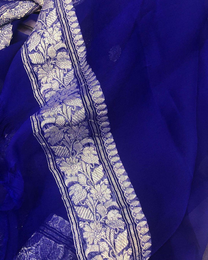 Deep Blue Khaddi Chiffon Banarasi Handloom Saree - Aura Benaras
