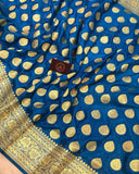 Persian Blue Banarasi Handloom Satin Tanchui Silk Saree - Aura Benaras