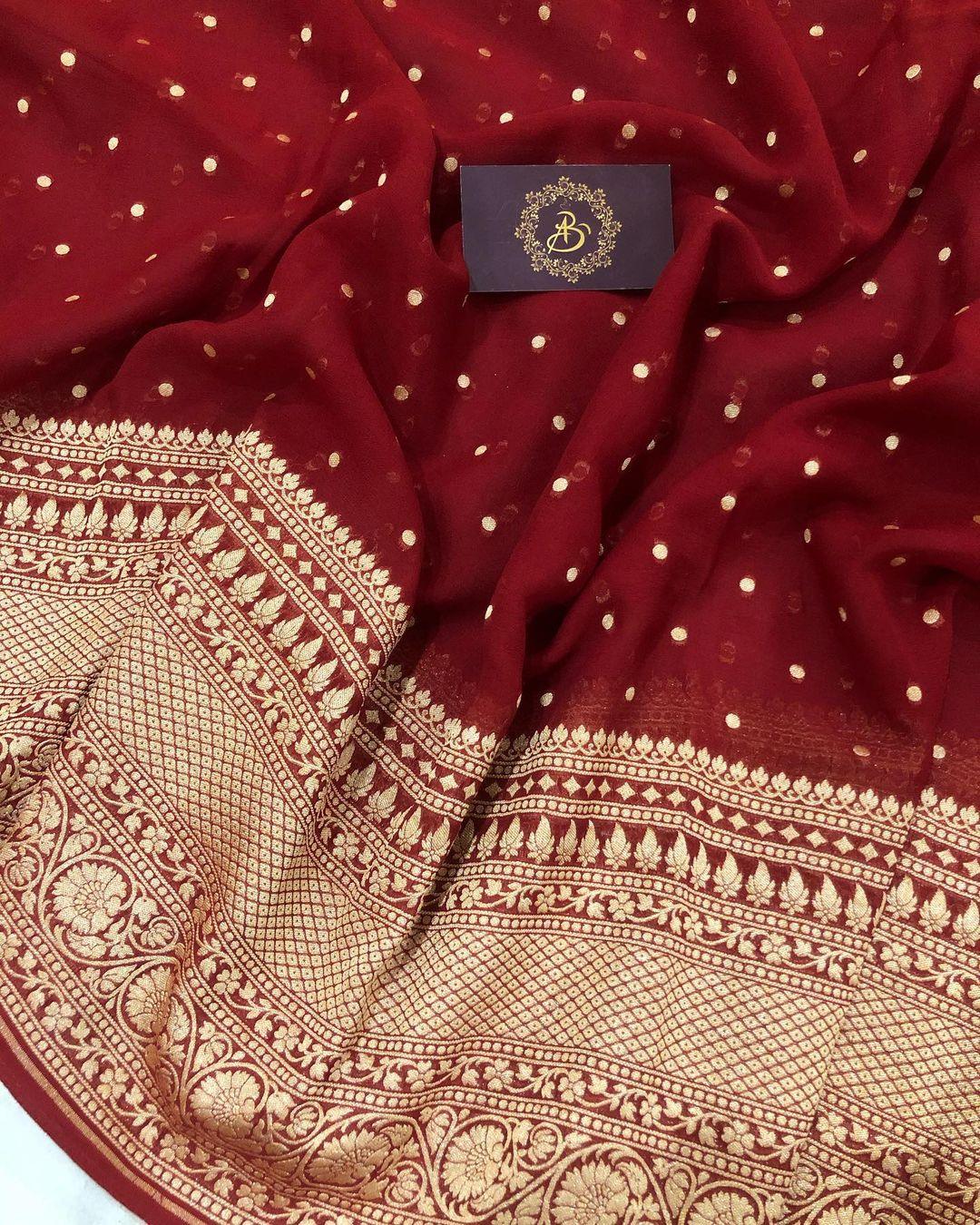 Maroon Banarasi Handloom Pure Khaddi Georgette Silk Saree - Aura Benaras