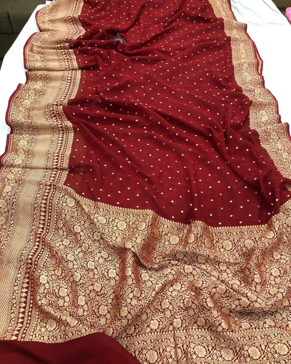 Maroon Banarasi Handloom Pure Khaddi Georgette Silk Saree - Aura Benaras