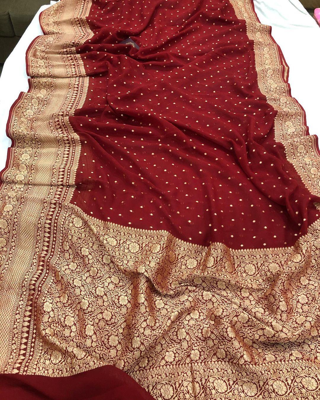 Maroon Banarasi Handloom Pure Khaddi Georgette Silk Saree - Aura Benaras