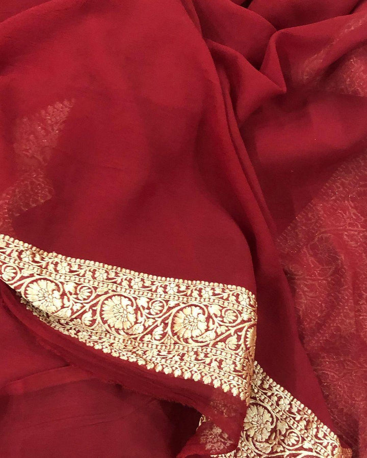 Maroon Banarasi Handloom Pure Khaddi Georgette Silk Saree - Aura Benaras