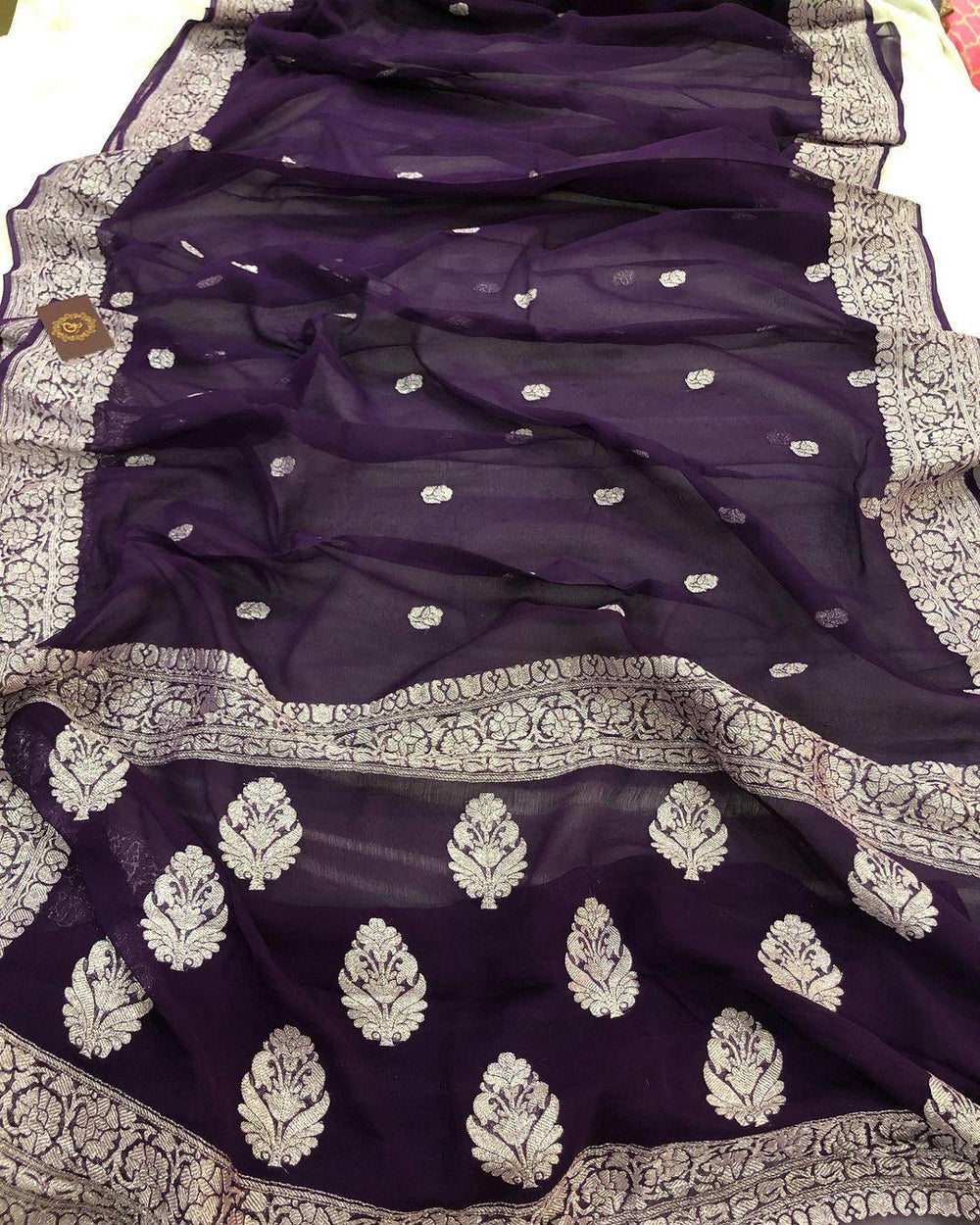 Plum Shade Khaddi Chiffon Banarasi Handloom Saree - Aura Benaras