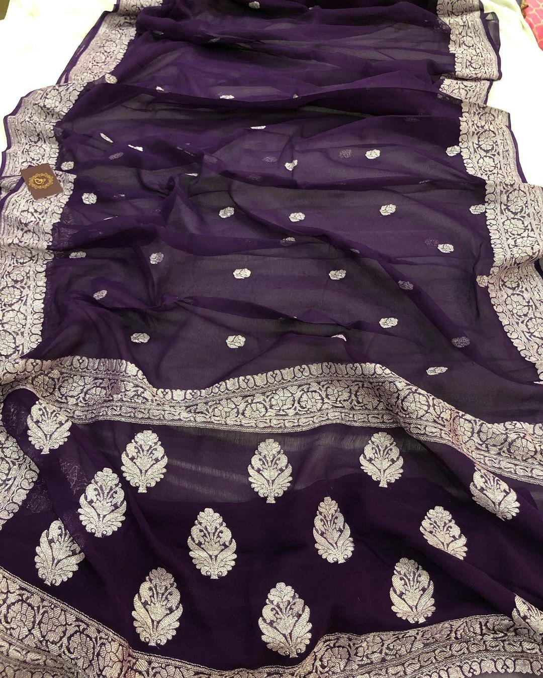 Plum Shade Khaddi Chiffon Banarasi Handloom Saree - Aura Benaras