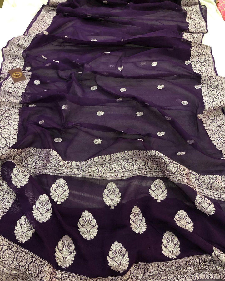Plum Shade Khaddi Chiffon Banarasi Handloom Saree - Aura Benaras
