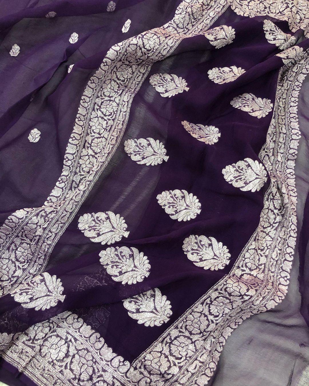 Plum Shade Khaddi Chiffon Banarasi Handloom Saree - Aura Benaras