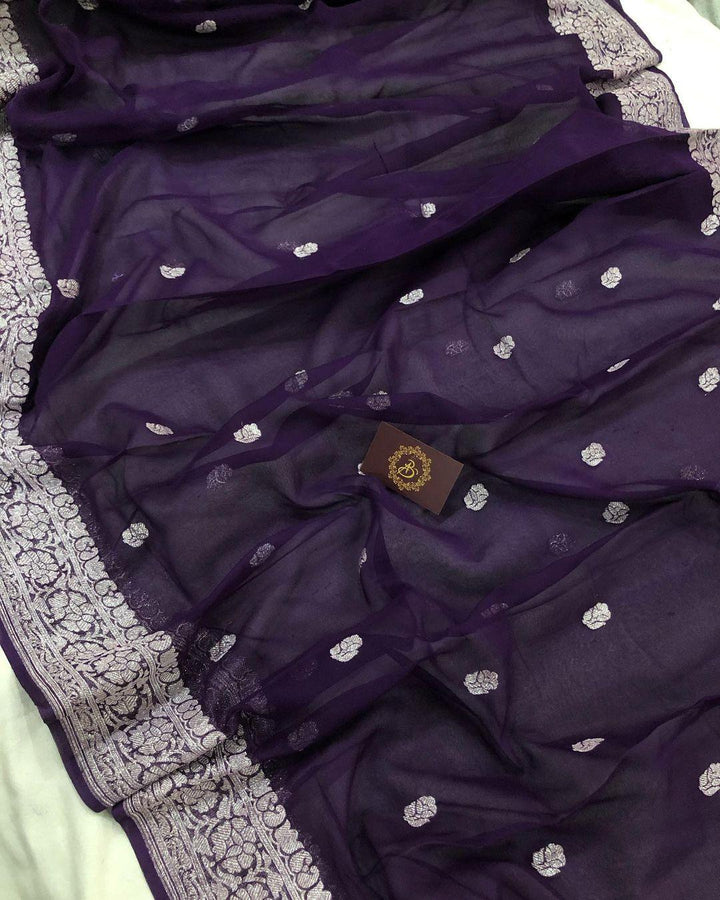 Plum Shade Khaddi Chiffon Banarasi Handloom Saree - Aura Benaras