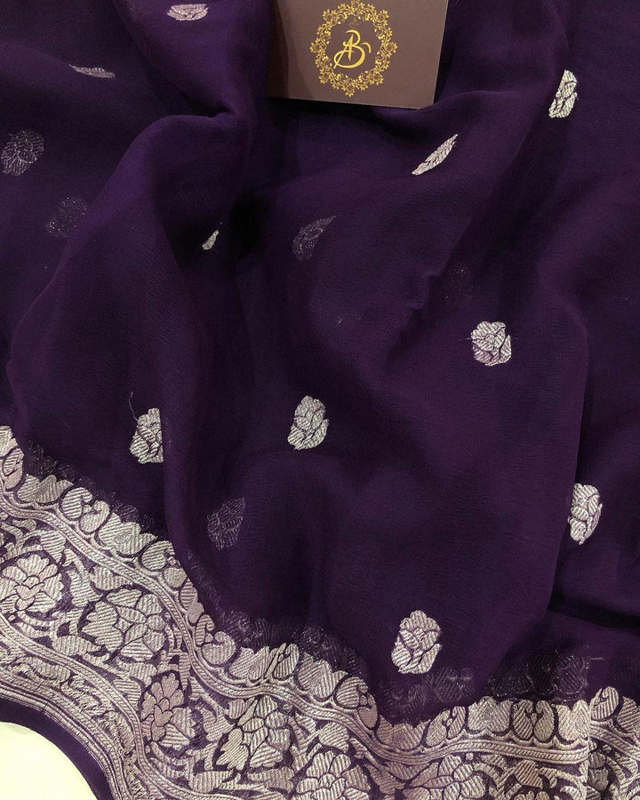 Plum Shade Khaddi Chiffon Banarasi Handloom Saree - Aura Benaras