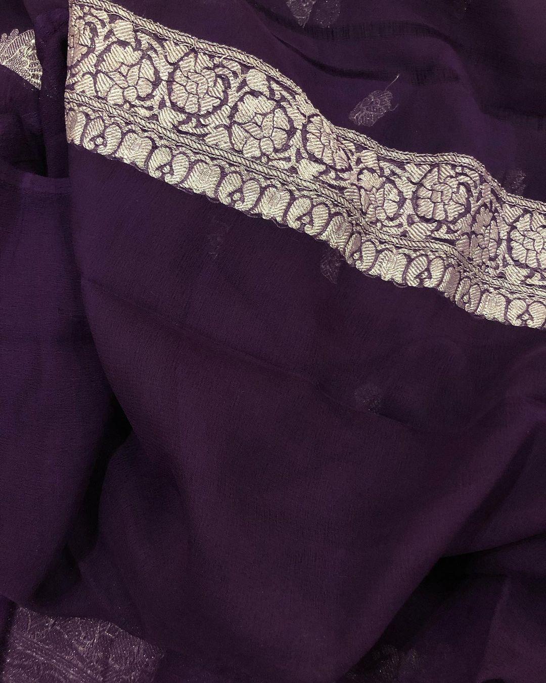 Plum Shade Khaddi Chiffon Banarasi Handloom Saree - Aura Benaras