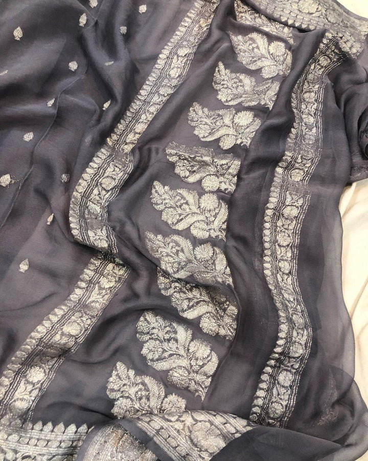 Grey Khaddi Chiffon Banarasi Handloom Saree - Aura Benaras