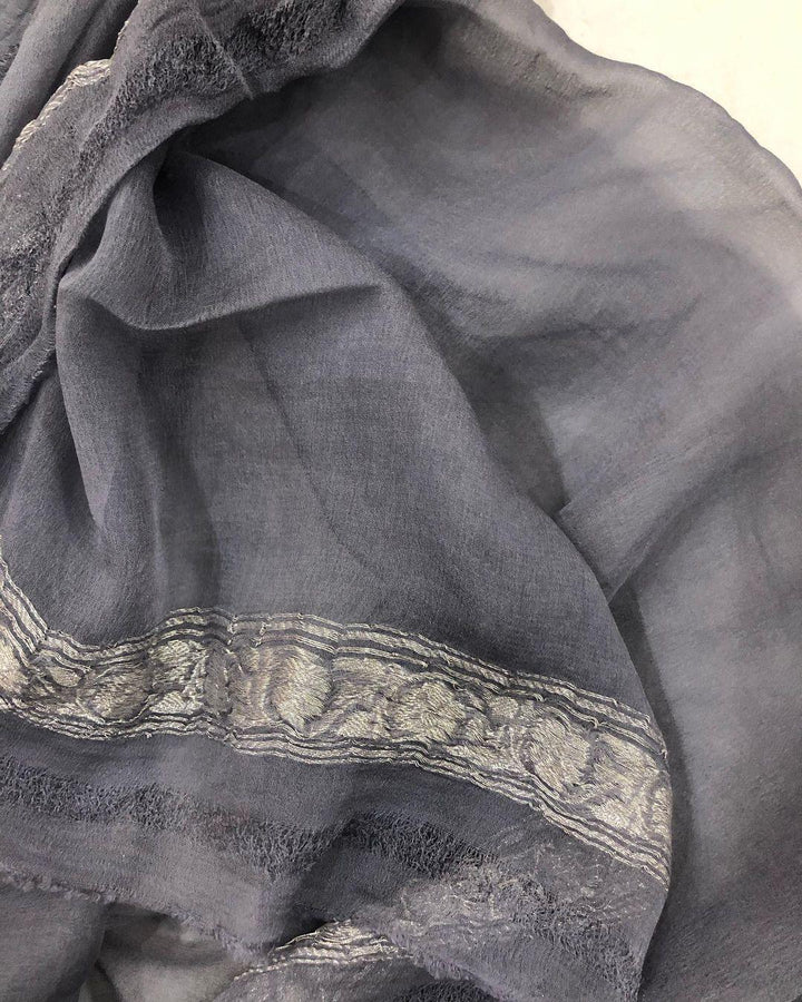 Grey Khaddi Chiffon Banarasi Handloom Saree - Aura Benaras