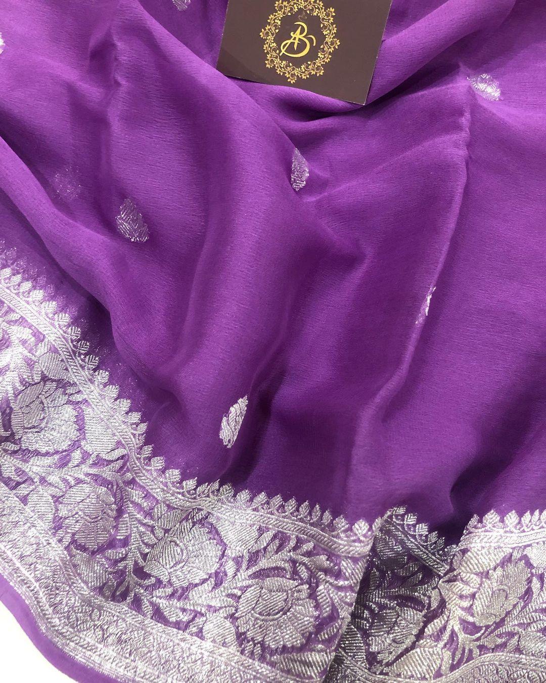 Purple Khaddi Chiffon Georgette Banarasi Handloom Saree - Aura Benaras