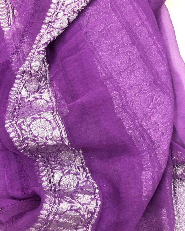 Purple Khaddi Chiffon Georgette Banarasi Handloom Saree - Aura Benaras