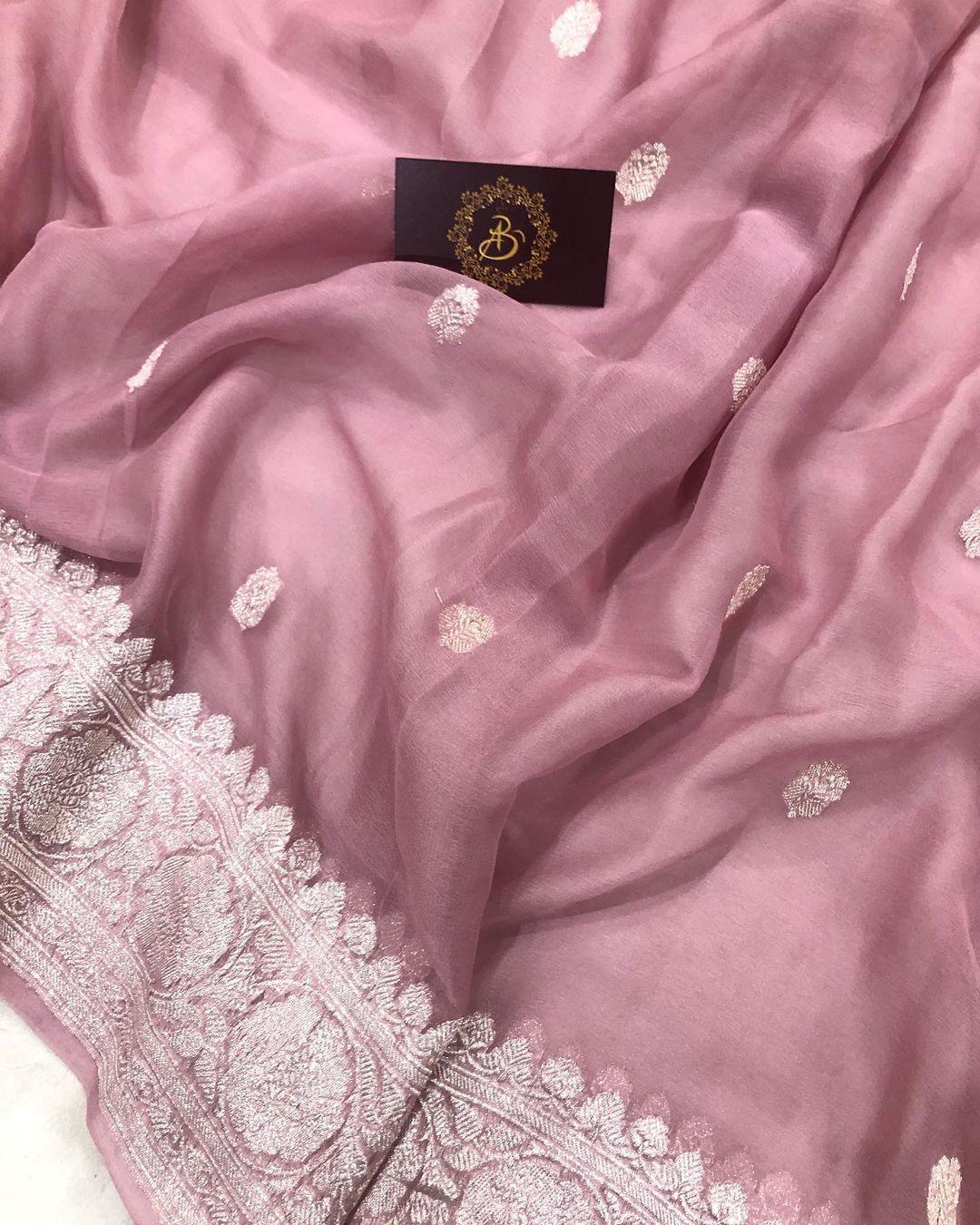 Pastel Pink Khaddi Chiffon Banarasi Handloom Saree - Aura Benaras