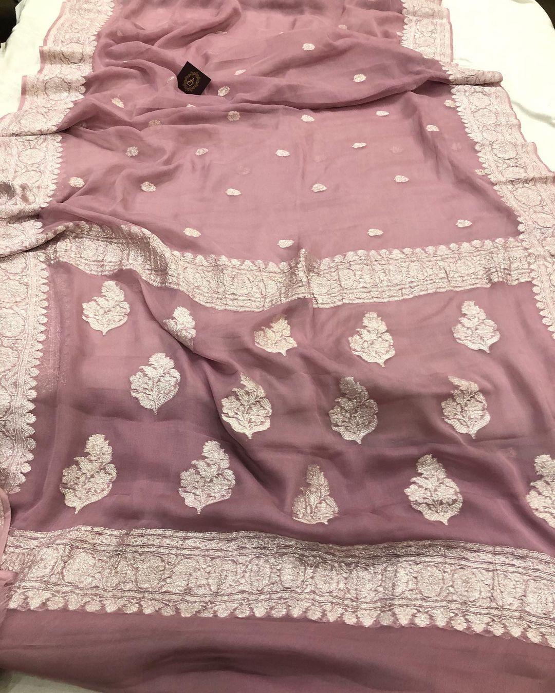 Pastel Pink Khaddi Chiffon Banarasi Handloom Saree - Aura Benaras