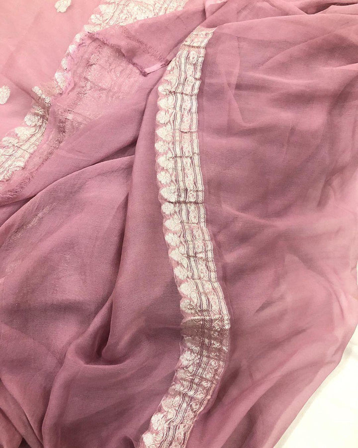 Pastel Pink Khaddi Chiffon Banarasi Handloom Saree - Aura Benaras