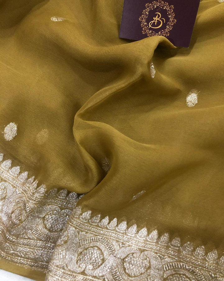 Olive Green Khaddi Chiffon Banarasi Handloom Saree - Aura Benaras