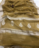 Olive Green Khaddi Chiffon Banarasi Handloom Saree - Aura Benaras